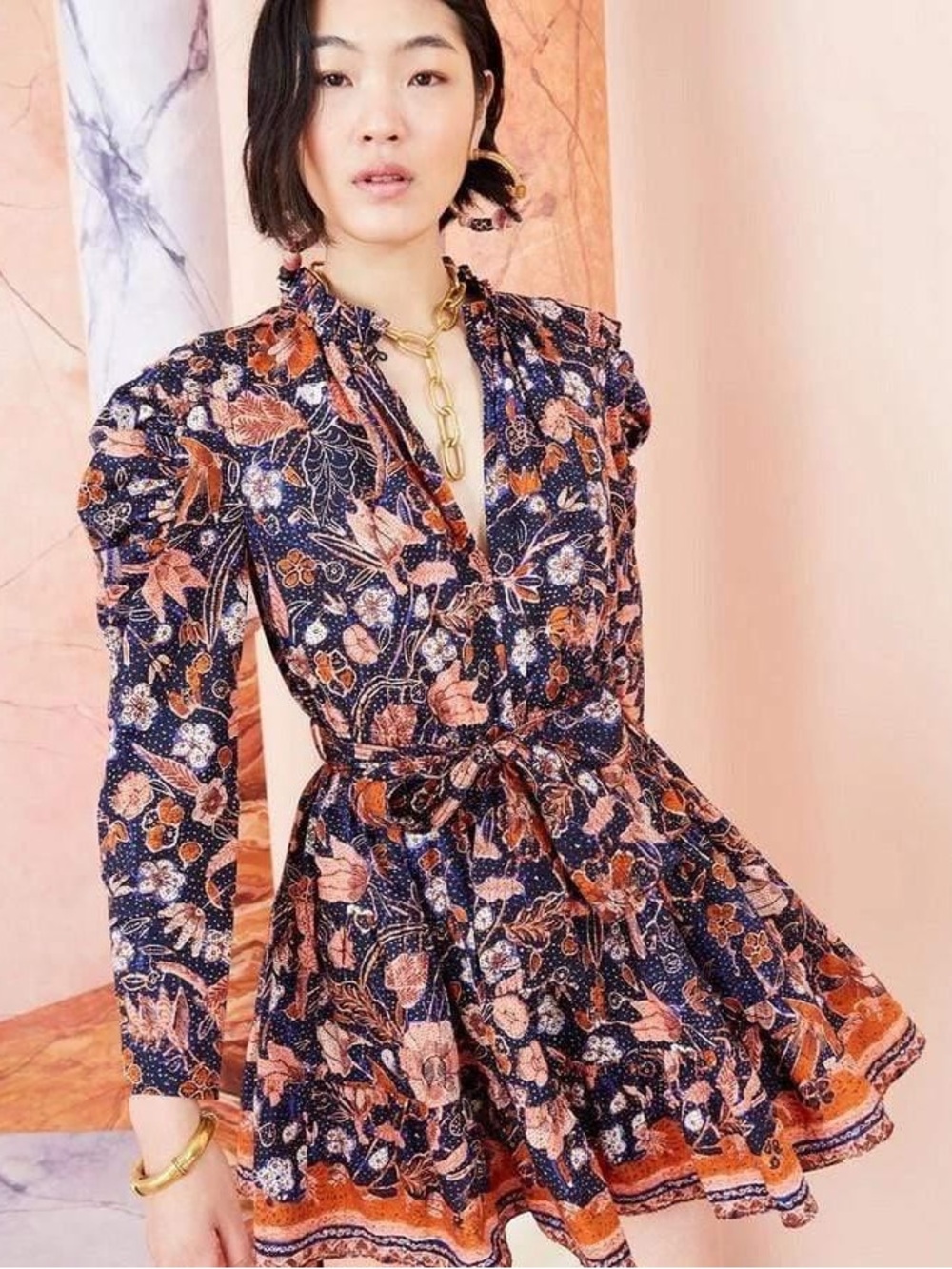 Ulla Johnson Naima Long Sleeve Fit & Flare Belted Mini Dress Navy Floral Size 2